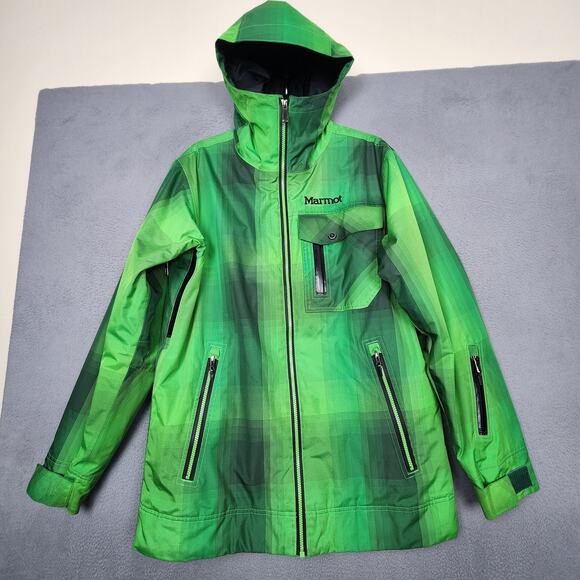 Marmot Jacket Mens Medium Green Plaid Hooded MemBrain Waterproof Snowboard Ski - Picture 1 of 16